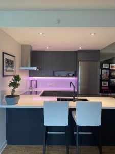 TDM custom cabinet doors are the stunning highlight in the Architect Panel Profile, Door Style 2001, with 07 Edge Profile in matte color finish Moonlight.