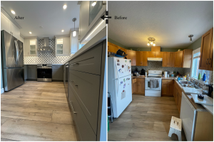 This stunning kitchen makeover by Felm Homes features our Vermont Shaker cabinet door, style 2002 with a clean 7 edge profile. The rich dual-toned cabinetry magnifies the space, with the White Smoke Super Matte finish on the uppers and Gauntlet Grey on the lower cabinets.