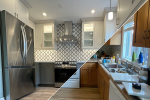 Before and after dramatic transformation using shaker style cabinet doors