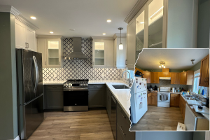 Before and after two toned kitchen shaker doors with glass inserts