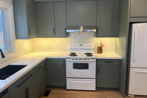 Celadon Super Matte on our Vermont Shaker cabinet door in the door style 2002 with 7 edge by Ridge Creek Construction.