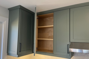 Celadon Super Matte on our Vermont Shaker cabinet door in the door style 2002 with 7 edge by Ridge Creek Construction.