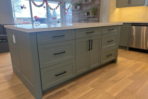 Celadon Super Matte on our Vermont Shaker cabinet door in the door style 2002 with 7 edge by Ridge Creek Construction.