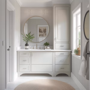 White raised panel bathroom vanity.