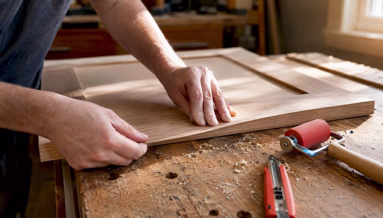 Hands applying wood veneer to cabinet frame