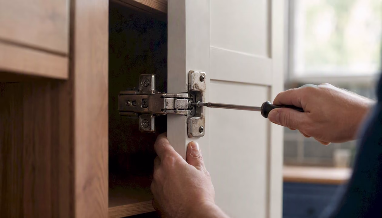 Hands adjusting cabinet door hinge