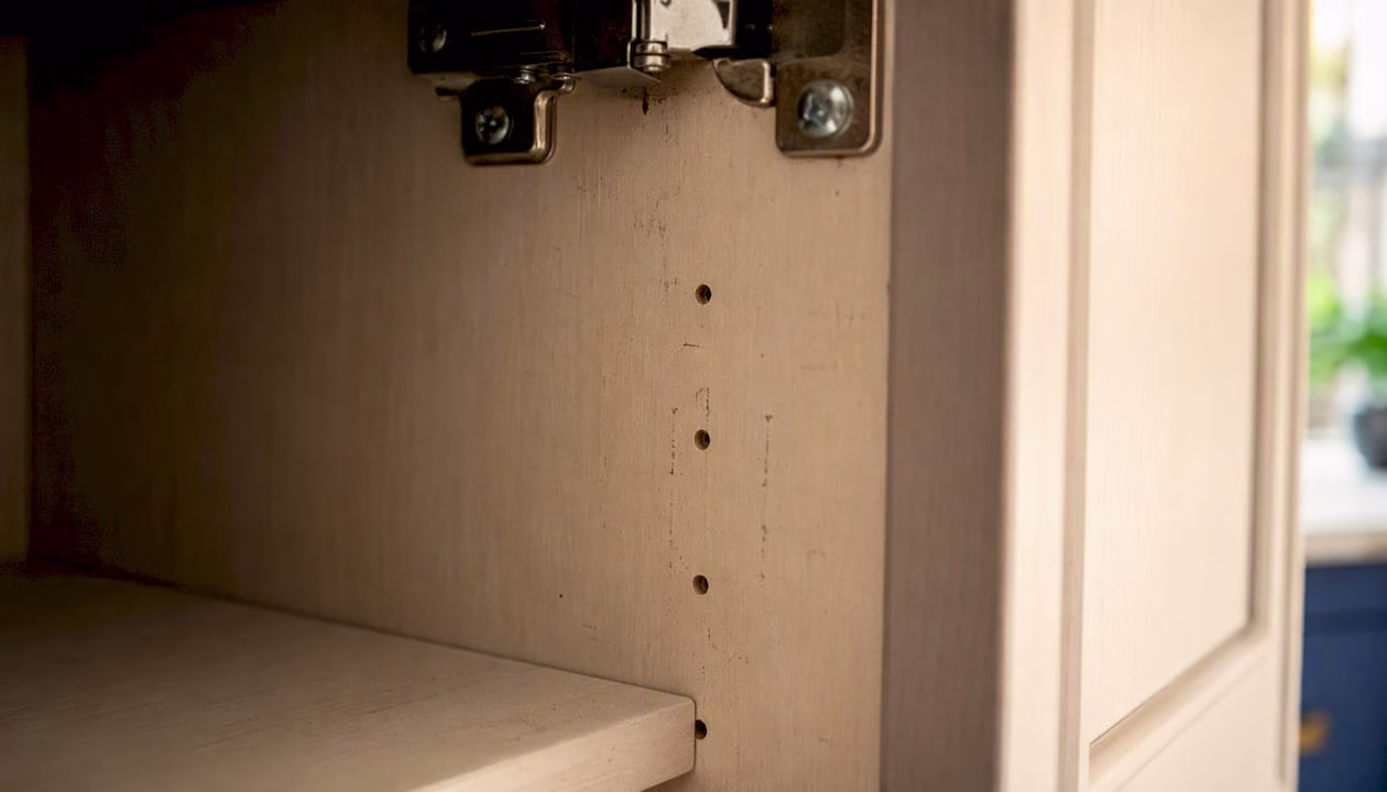 Close-up hinge mounting holes in cabinet side panel