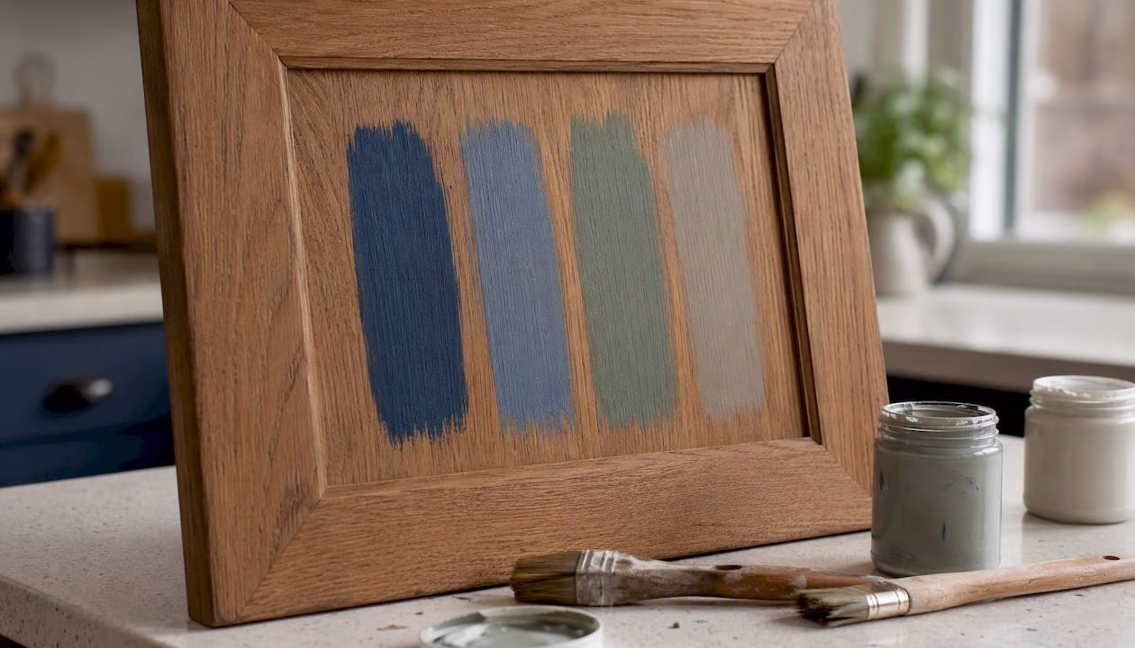 Close-up wood grain cabinet paint test swatches