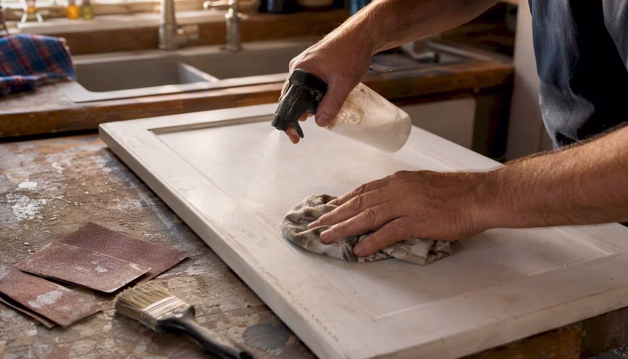 Hands cleaning and sanding cabinet door surface