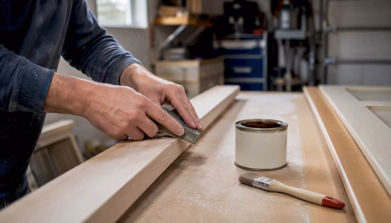 Hands sanding and sealing fuzzy MDF door edge