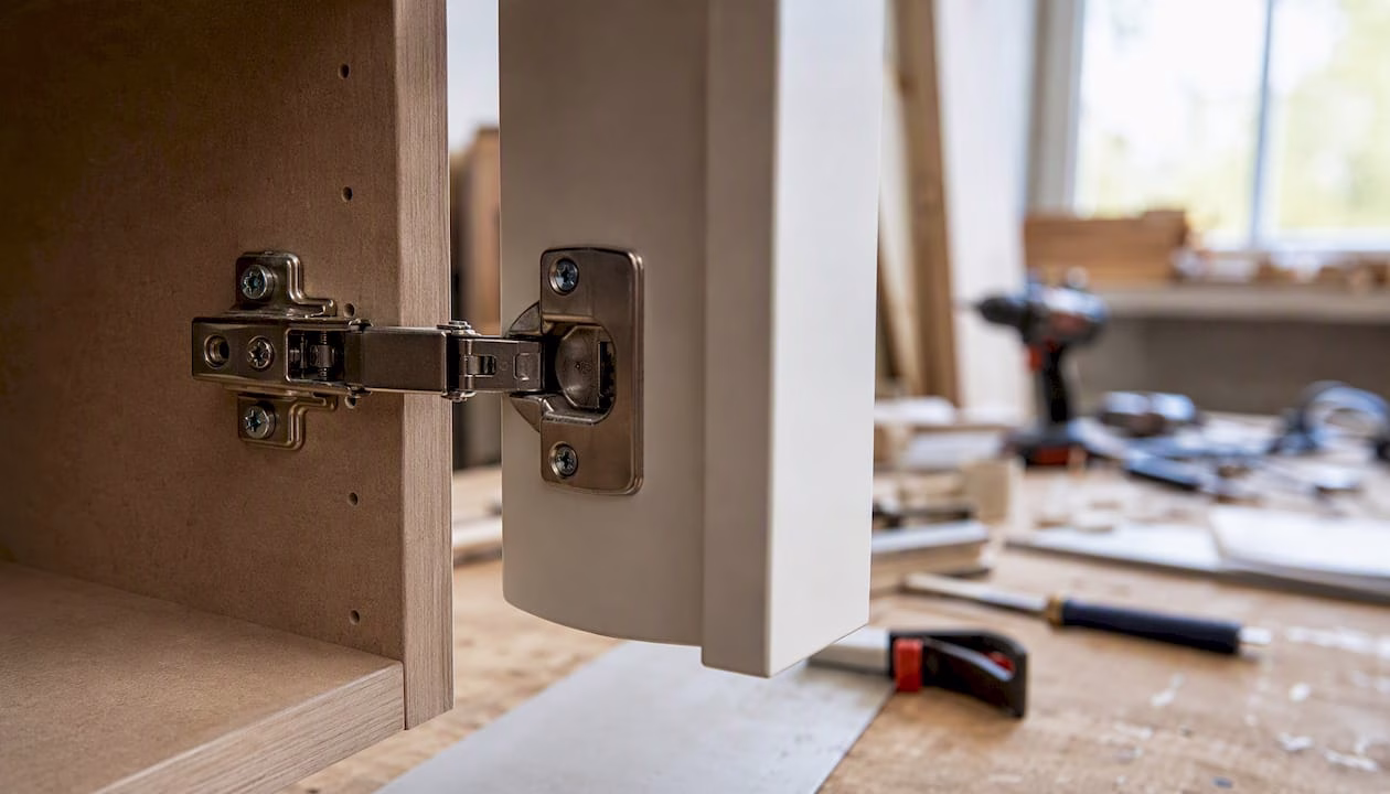 Close-up of semi-concealed cabinet hinge on partial overlay door