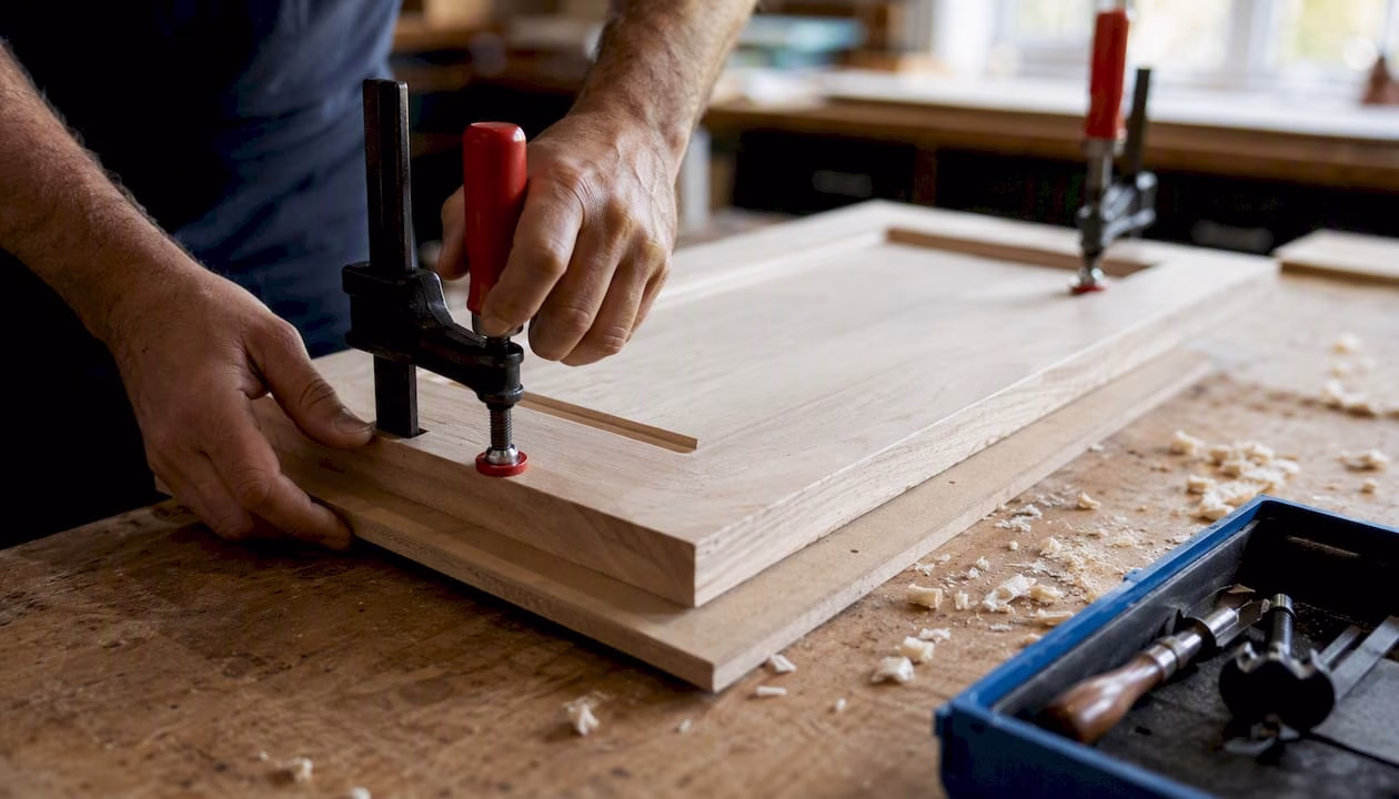 Hands clamping backer board under cabinet door