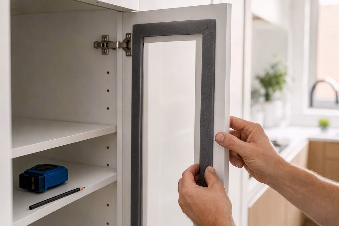 Using cardboard template to measure cabinet door frame interior