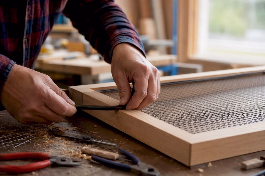 Hands securing rubber retainer on wire mesh cabinet door
