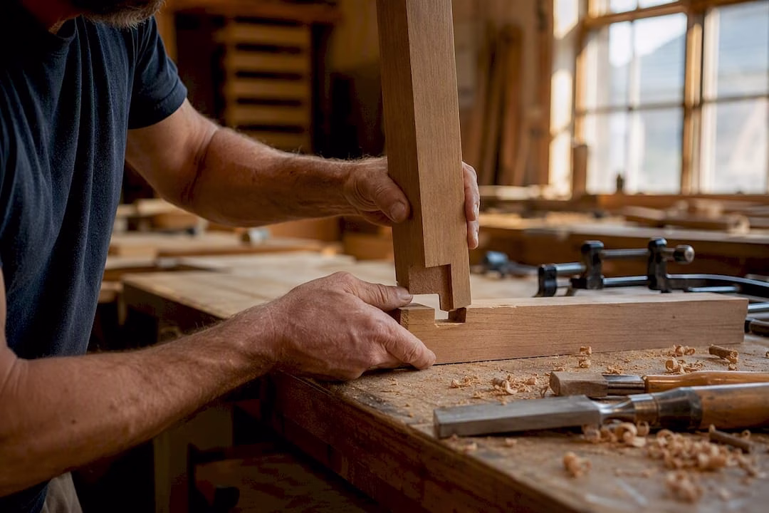 Hands showing half-lap joint on wooden mullion door