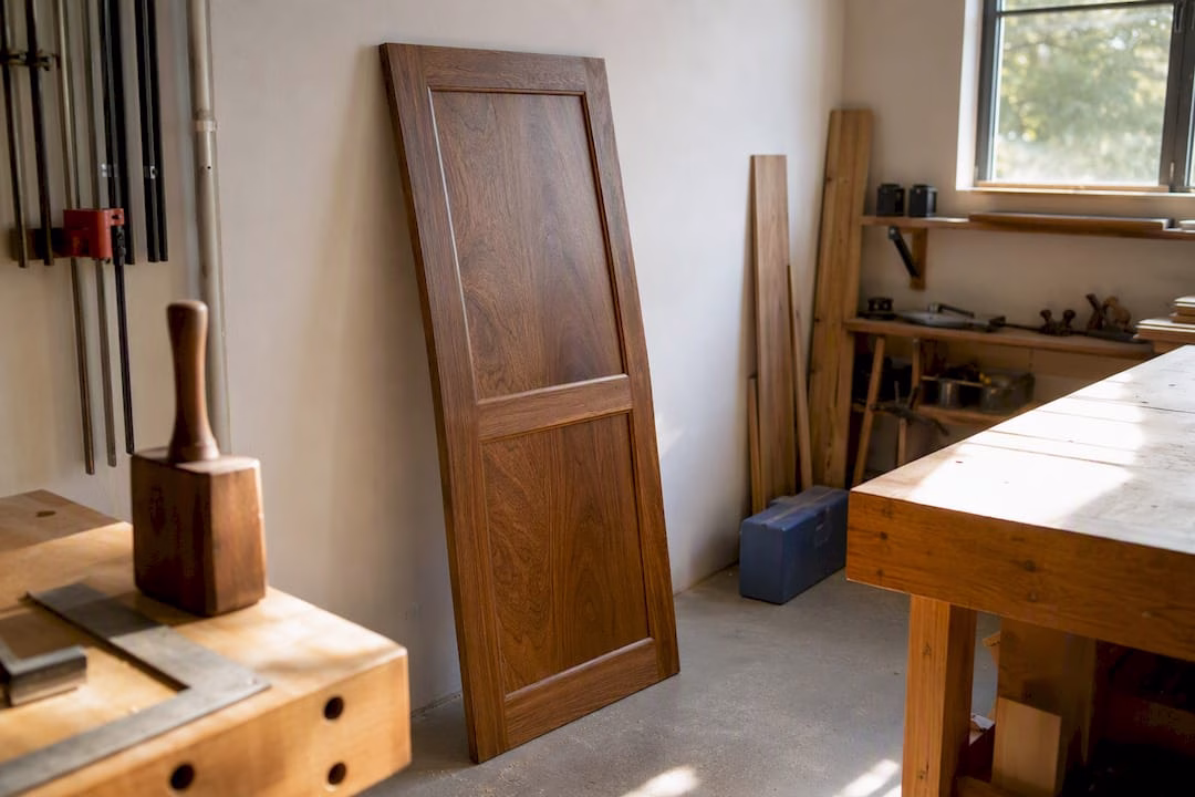 Tall cabinet door with visible edge sag outdoors