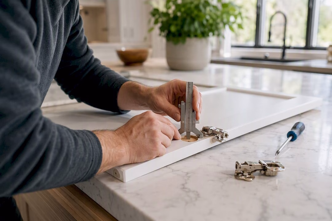 Hands measuring hinge cup depth on cabinet door