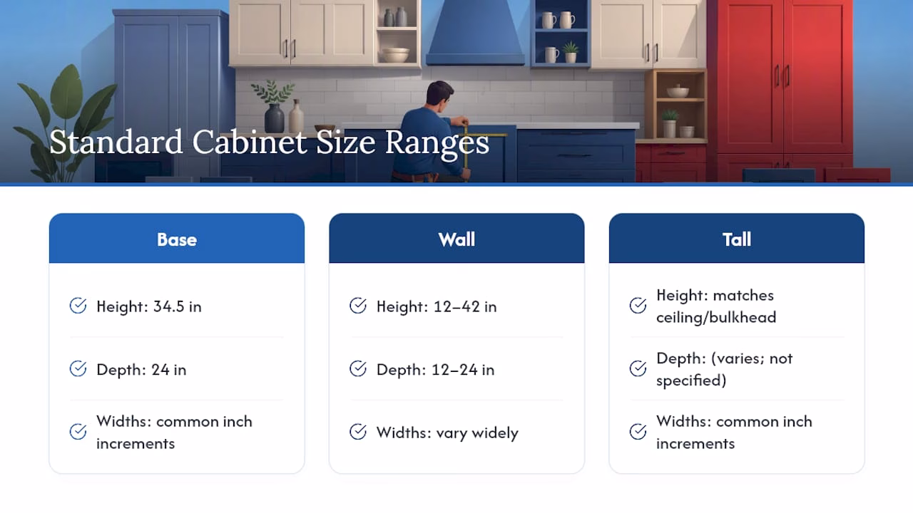 Diagram of standard cabinet door sizes by cabinet type