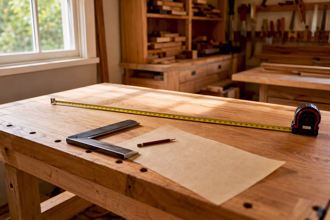 Workbench with tools for custom cabinetry measurement