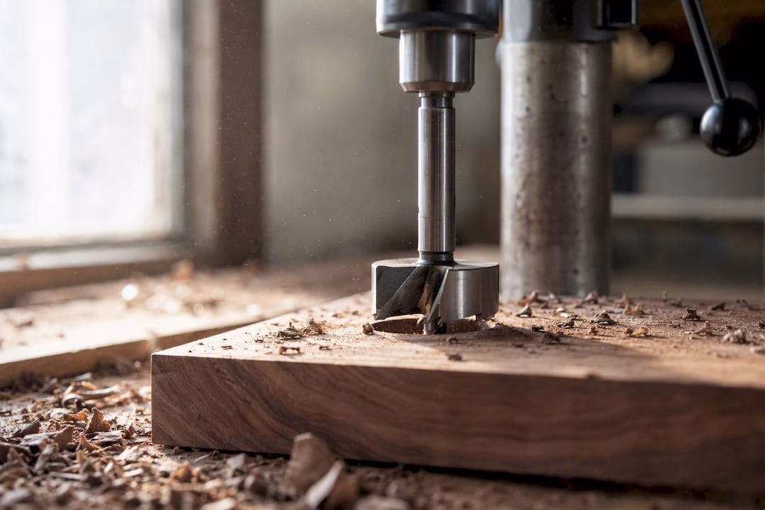 Forstner bit boring hardwood cabinet door