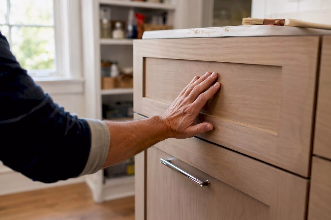 Hand touching shaker style cabinet drawer front
