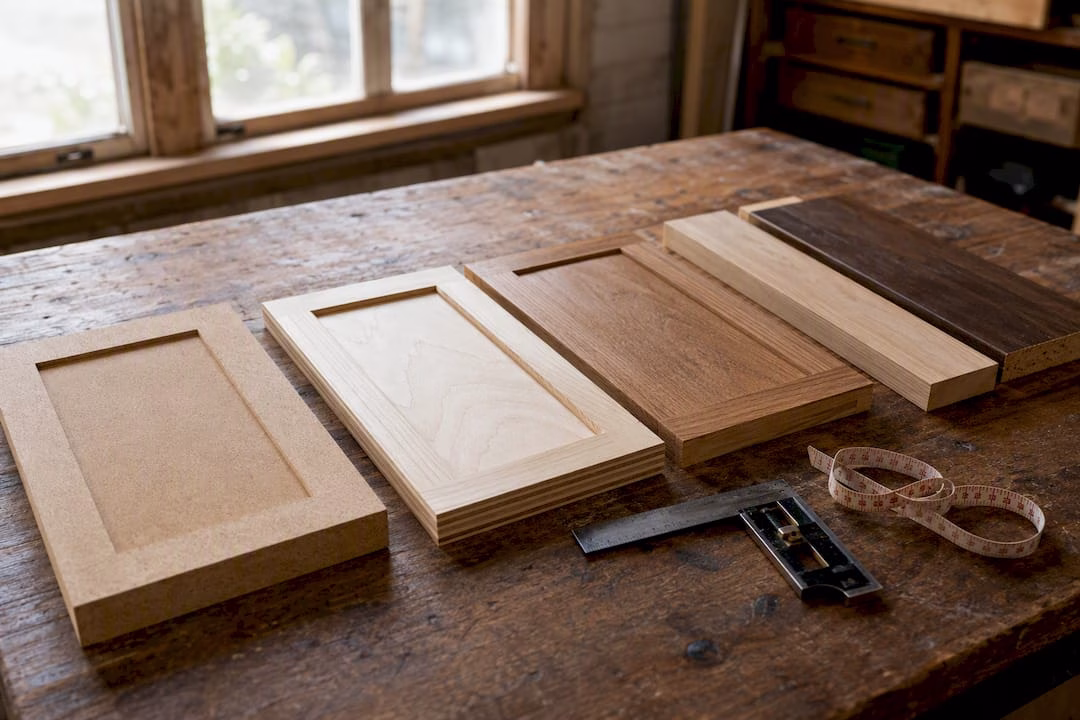 Different cabinet door material samples overlapped