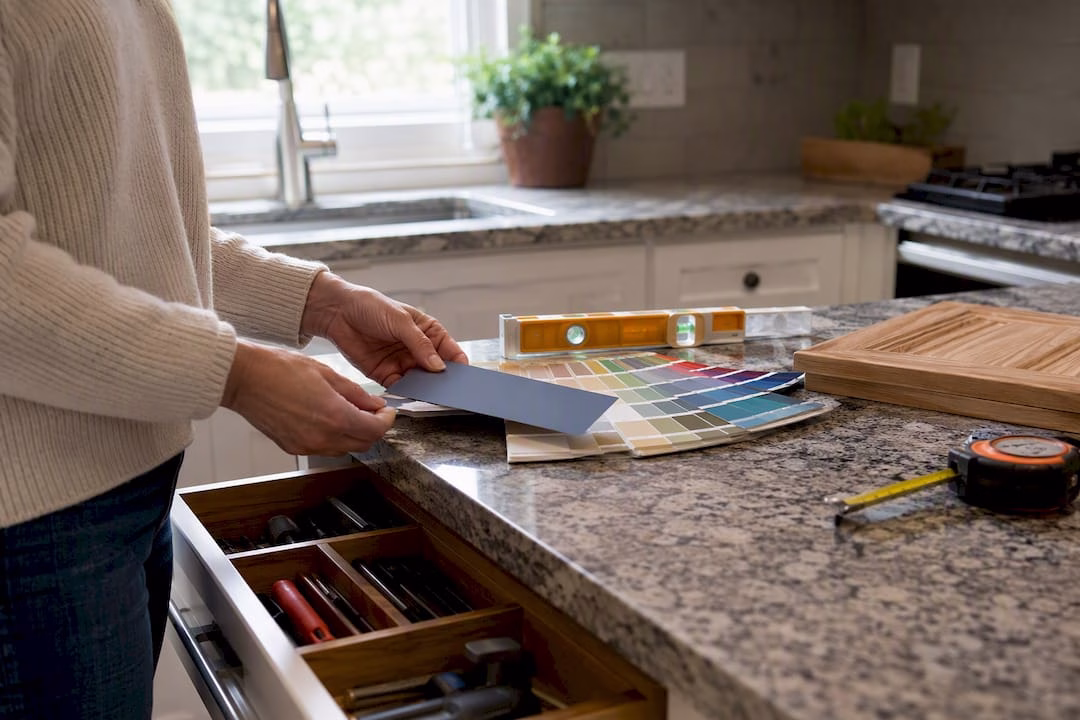 Hands with color swatch and tools on kitchen counter