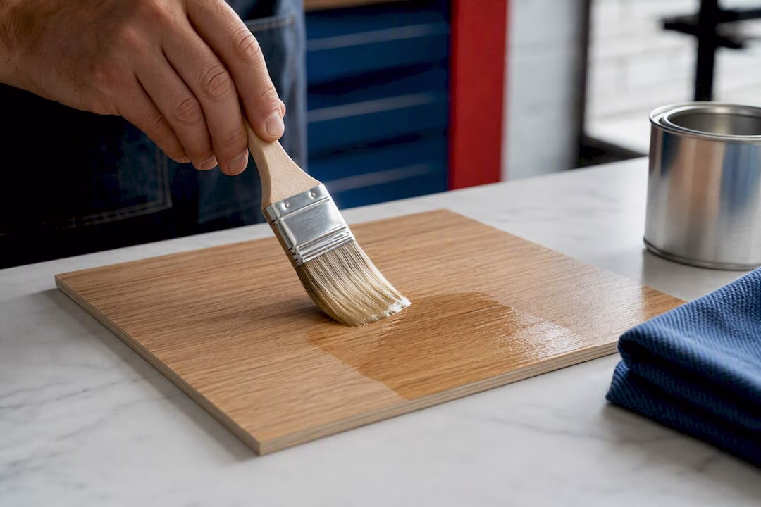 Water based finish applied to wood sample