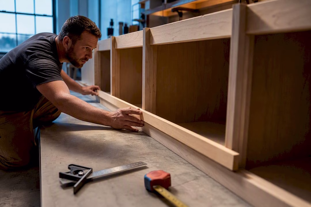 Story stick aligned across cabinet openings