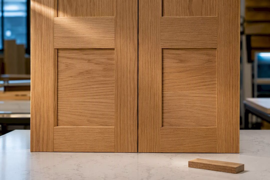 Matched wood grain on adjacent cabinet surfaces