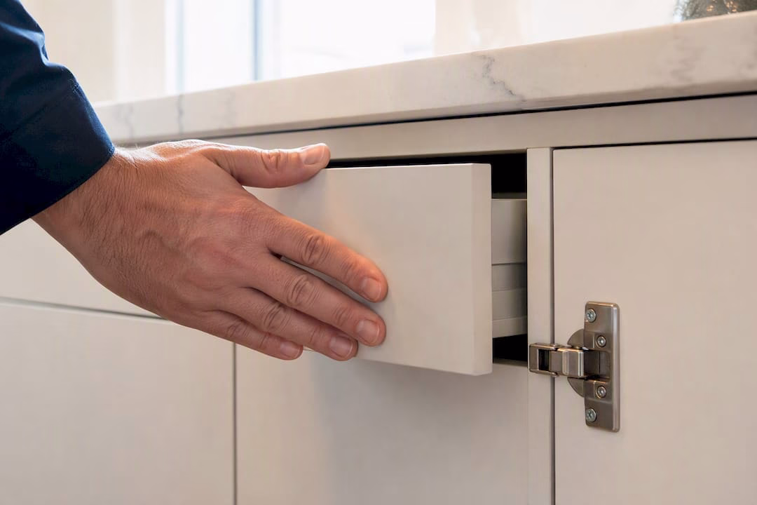 Hand checking a refaced rental kitchen drawer